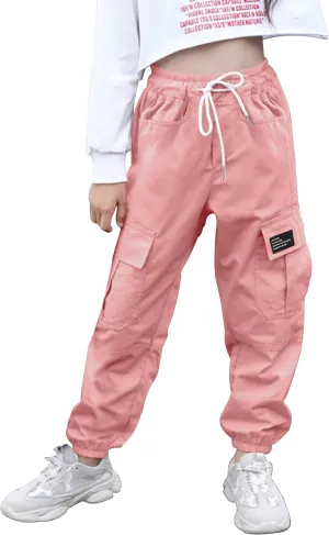 Girls Cargo Pants Elastic Waist Cargo Jogger Pants with Pockets