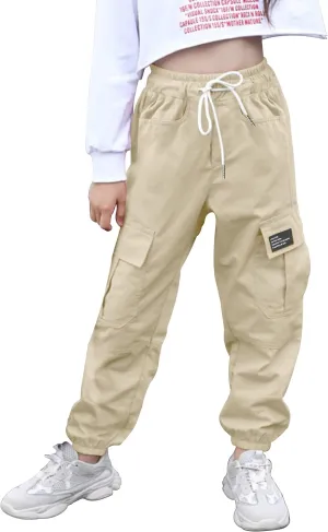 Girls Cargo Pants Elastic Waist Cargo Jogger Pants with Pockets
