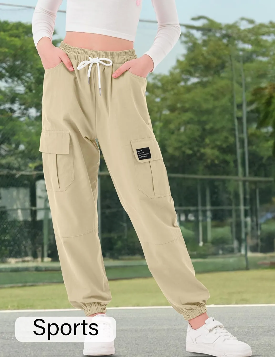 Girls Cargo Pants Elastic Waist Cargo Jogger Pants with Pockets