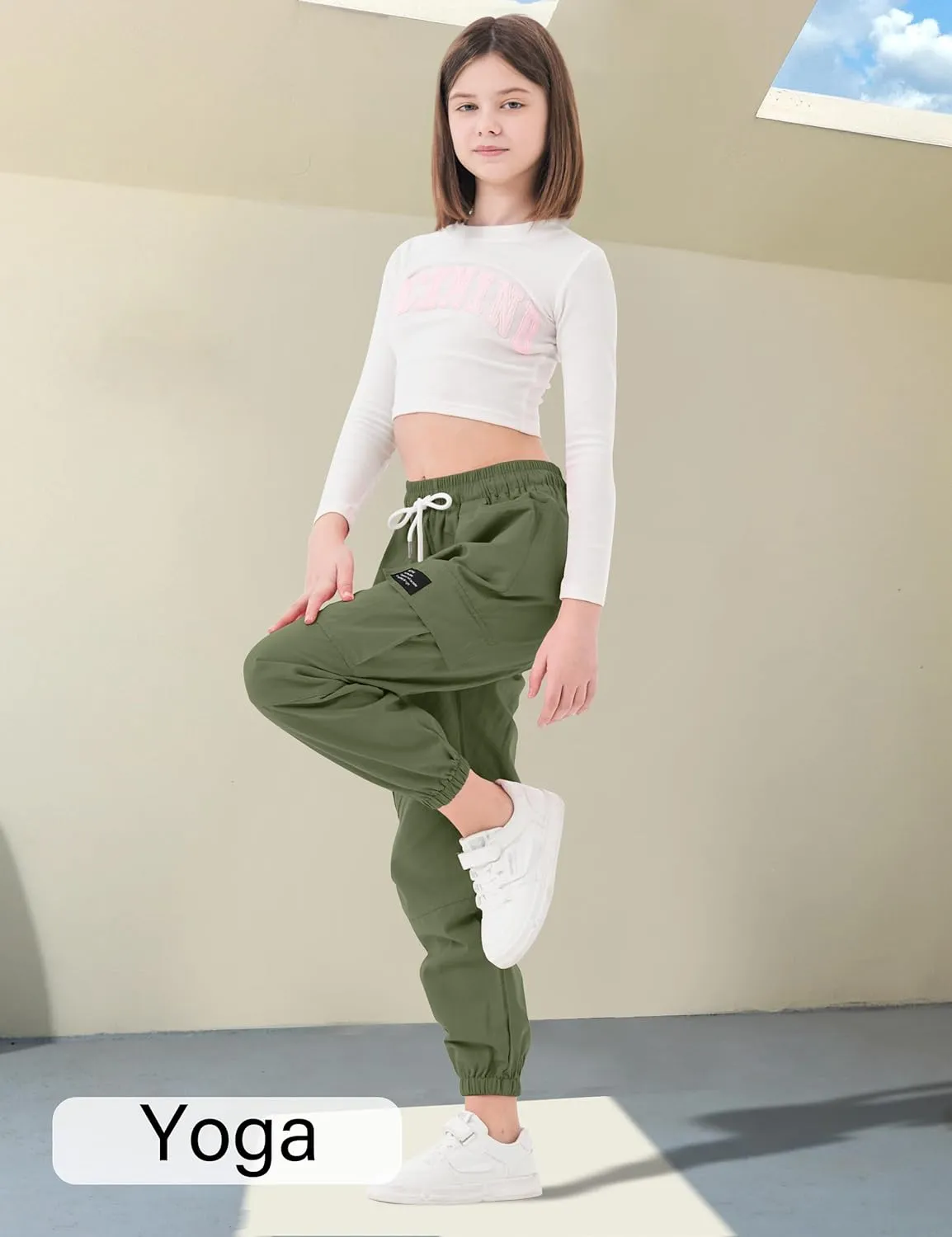 Girls Cargo Pants Elastic Waist Cargo Jogger Pants with Pockets