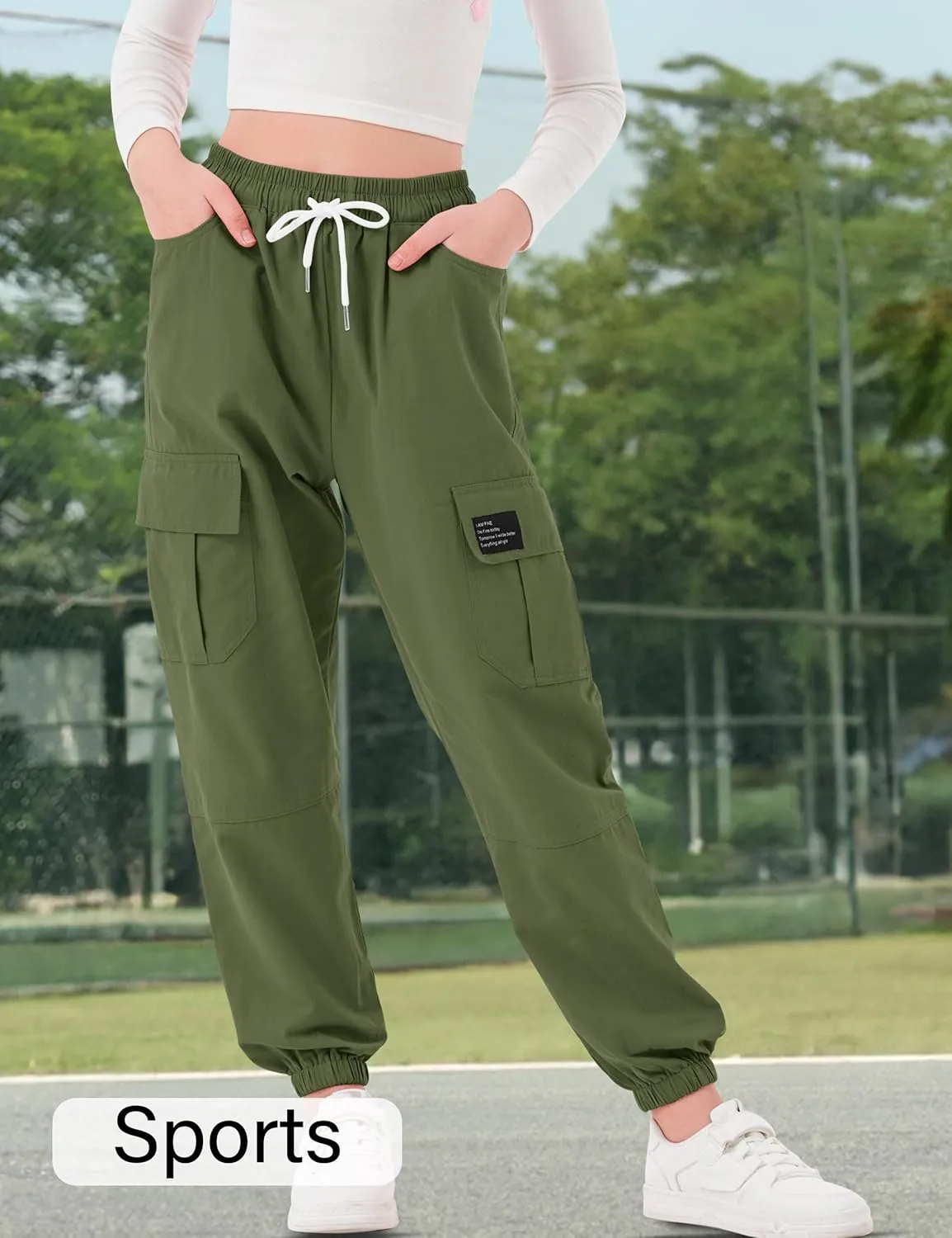 Girls Cargo Pants Elastic Waist Cargo Jogger Pants with Pockets
