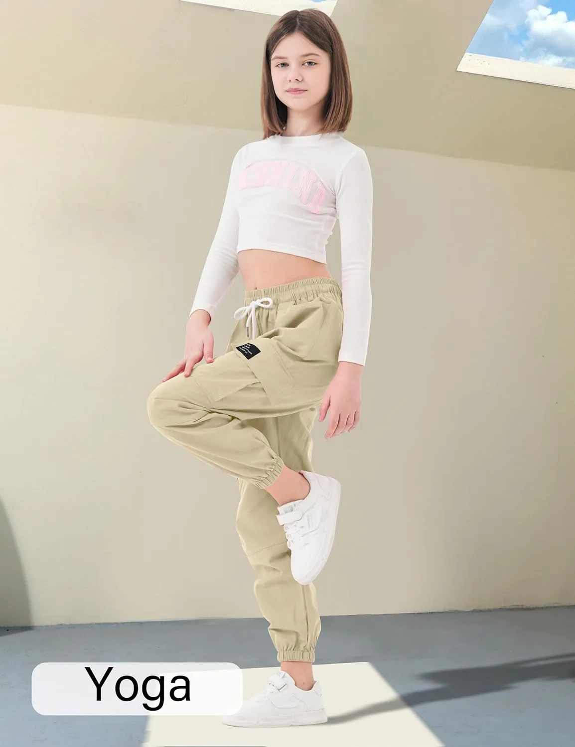 Girls Cargo Pants Elastic Waist Cargo Jogger Pants with Pockets