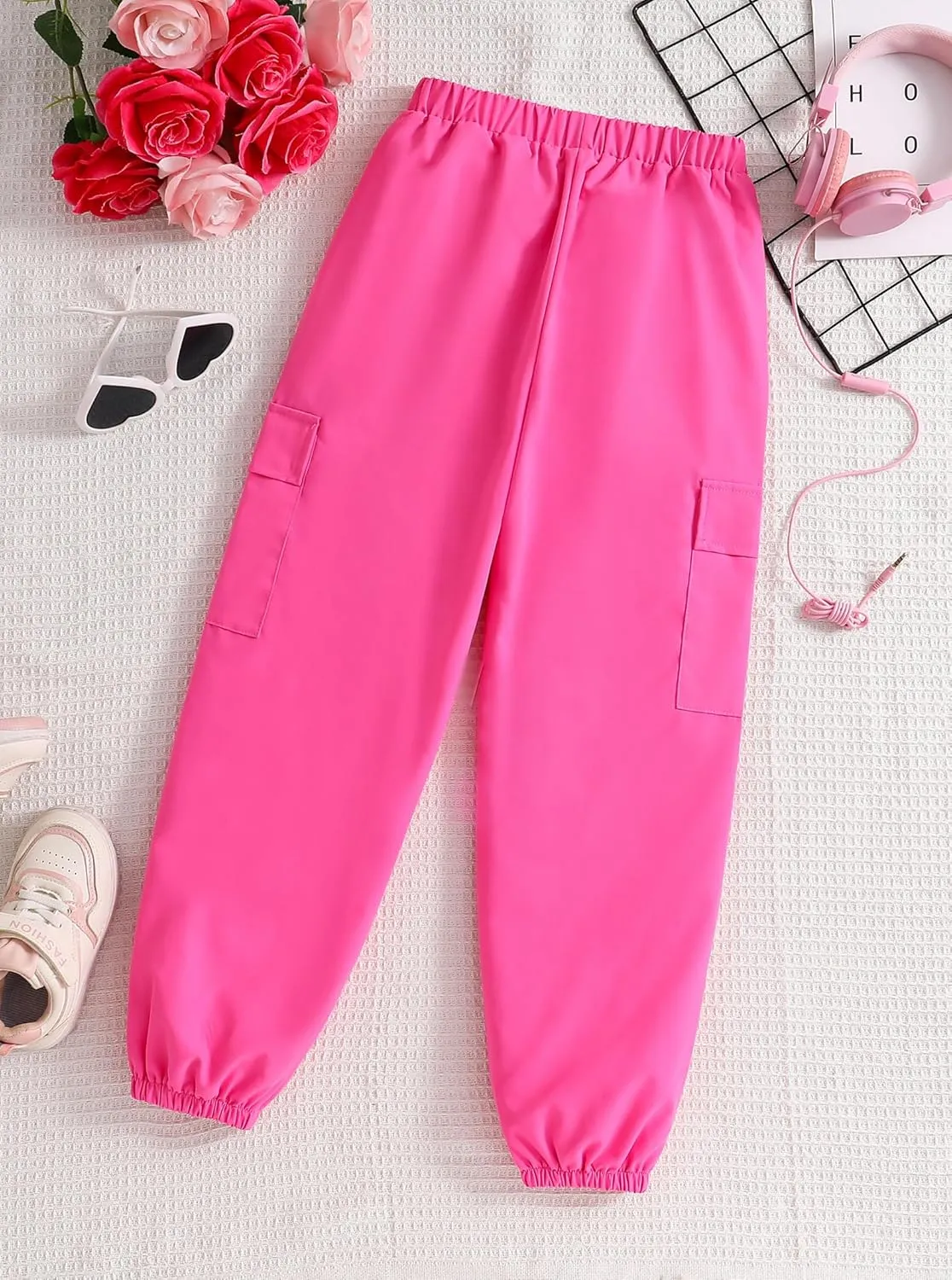 Girls Cargo Pants Lightweight High Elastic Waist Jogger Pants with Pockets