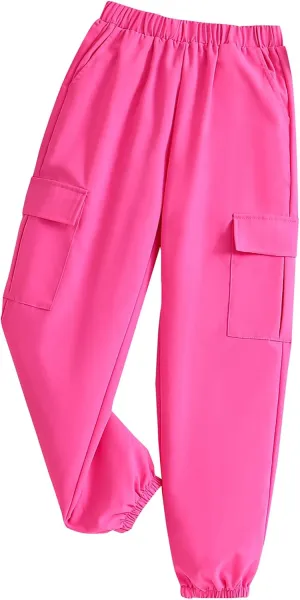 Girls Cargo Pants Lightweight High Elastic Waist Jogger Pants with Pockets