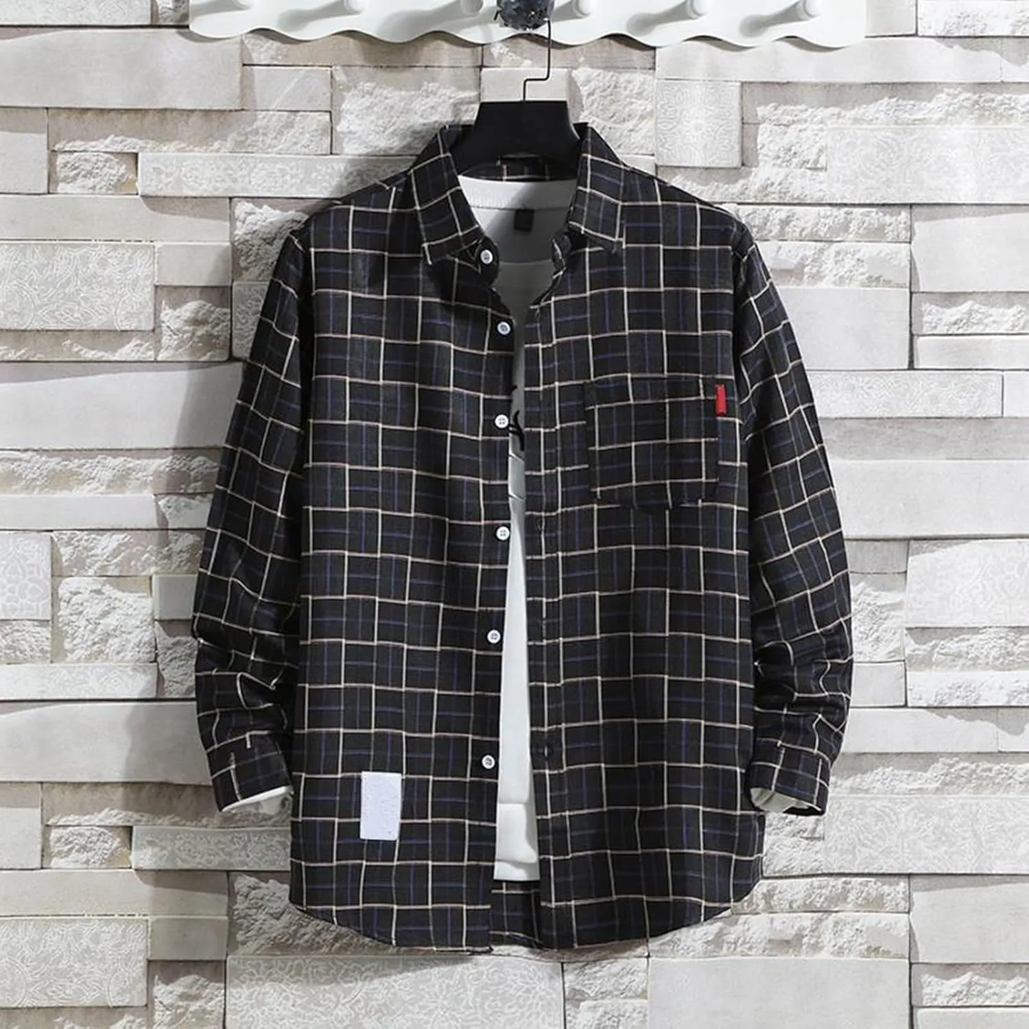 GOFULY Men's T-Shirts Button Up Long Sleeve Casual Shirts Checked Western Shirt Big and Tall Fall Jacket with Pockets