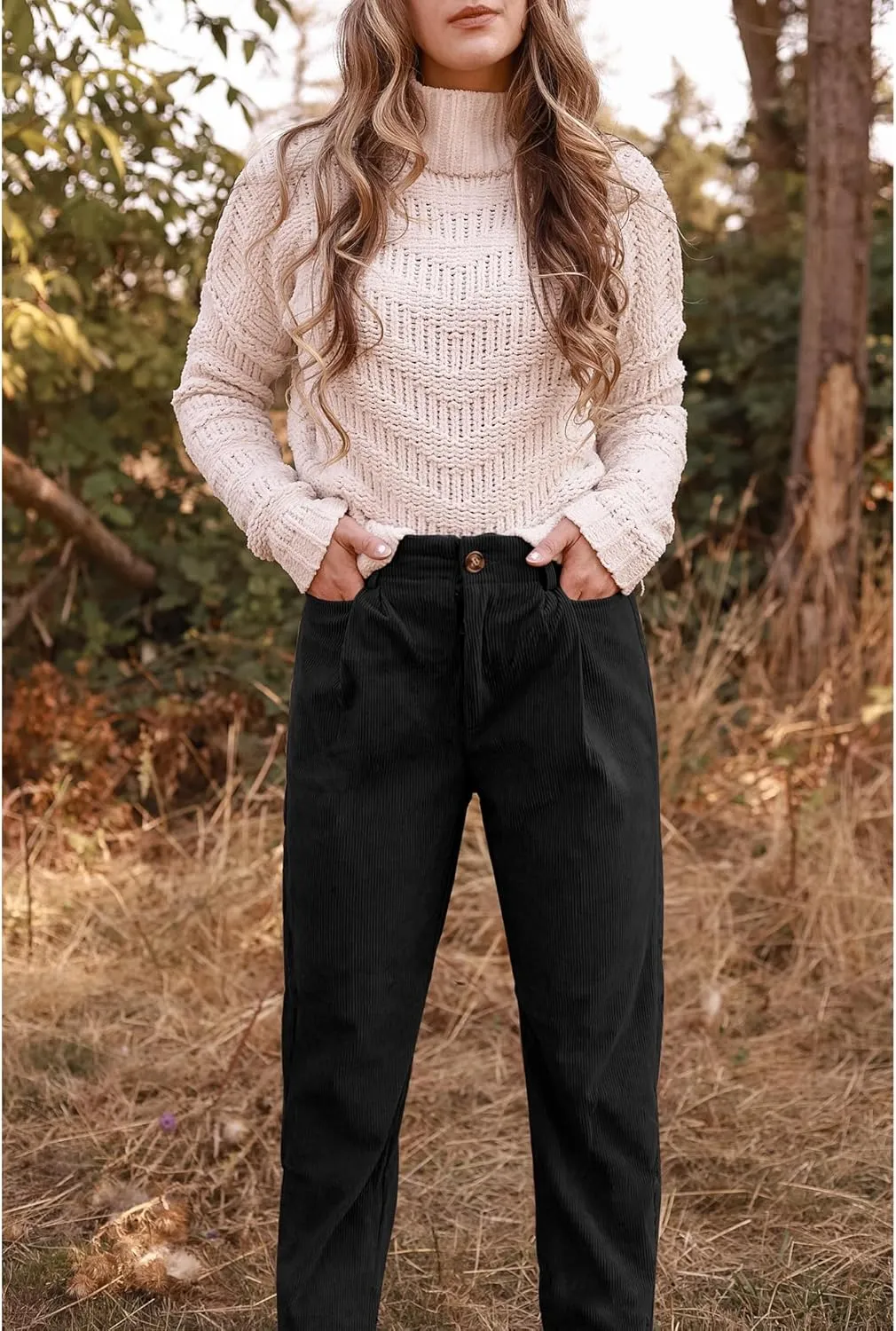 GRAPENT Corduroy Pleated Pants for Women Casual Stretchy High Waisted Straight Leg Trousers Loose Fit Slacks with Pockets