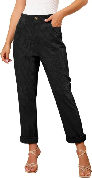 GRAPENT Corduroy Pleated Pants for Women Casual Stretchy High Waisted Straight Leg Trousers Loose Fit Slacks with Pockets