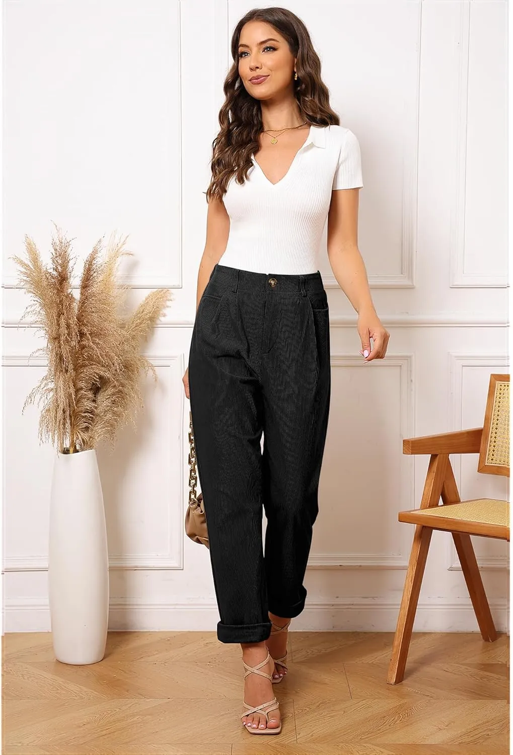 GRAPENT Corduroy Pleated Pants for Women Casual Stretchy High Waisted Straight Leg Trousers Loose Fit Slacks with Pockets