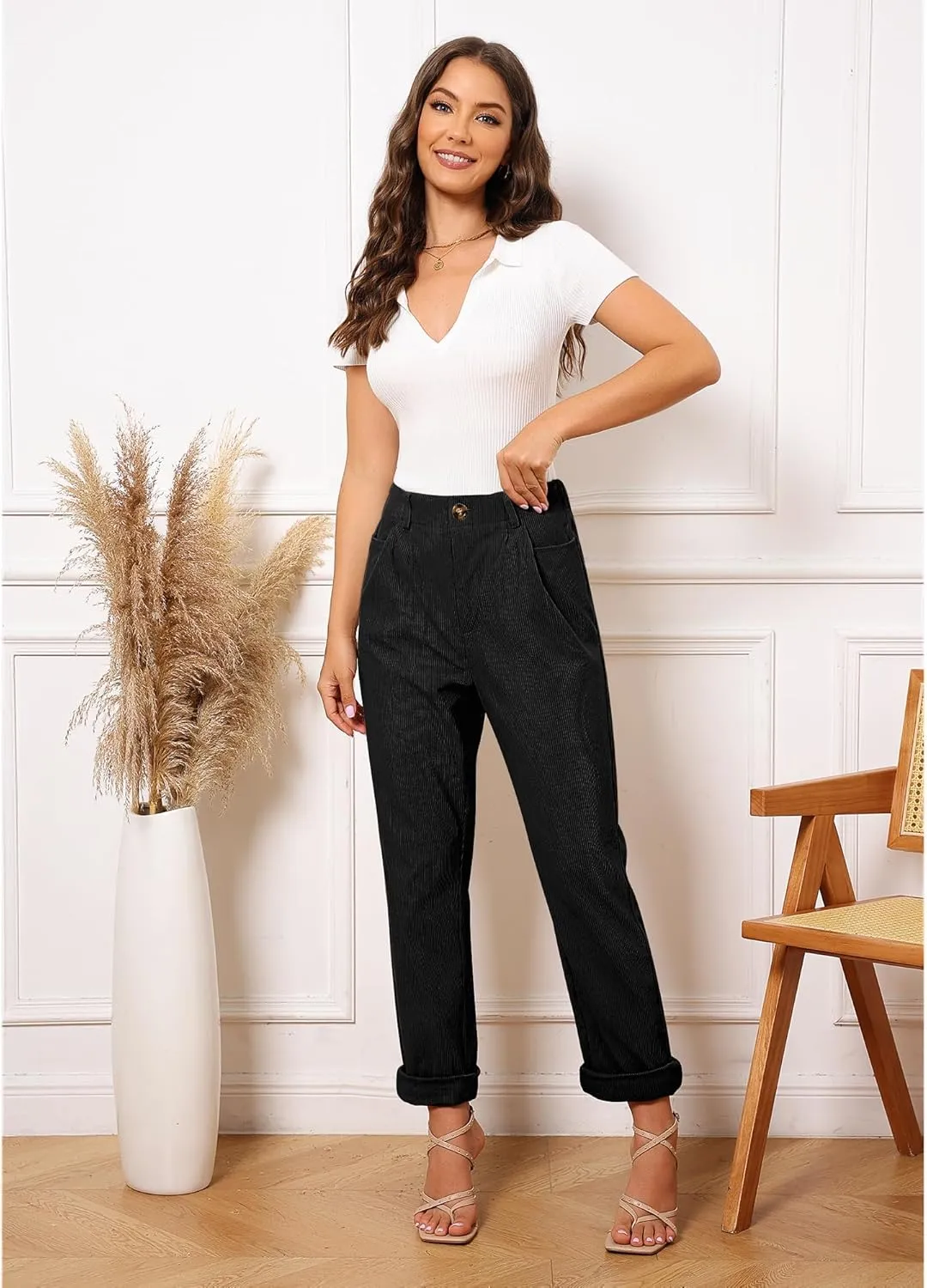 GRAPENT Corduroy Pleated Pants for Women Casual Stretchy High Waisted Straight Leg Trousers Loose Fit Slacks with Pockets