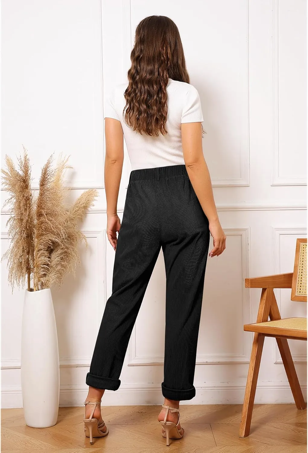GRAPENT Corduroy Pleated Pants for Women Casual Stretchy High Waisted Straight Leg Trousers Loose Fit Slacks with Pockets