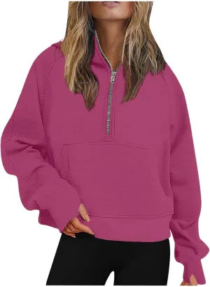 Half Zip Hooded Sweatshirts Cropped Hoodies Fleece Jackets for Womens Fall Outfits Long Sleeve Thermal Pullover Tops