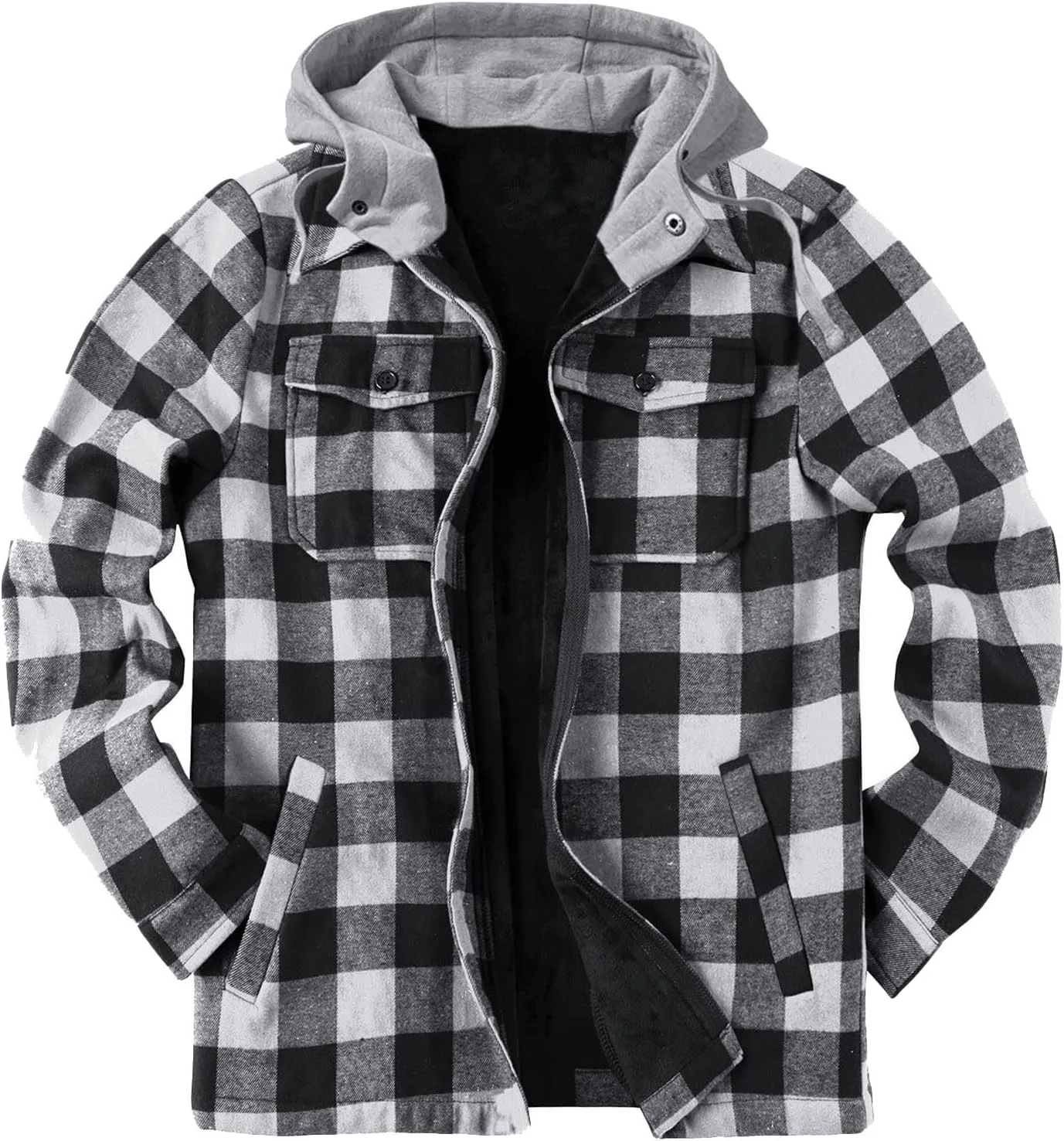 Heavyweight Sherpa Hoodies for Men Thick Fleece Lined Full Zip Up Sweatshirt Cotton Plaid Print Jacket for Winter