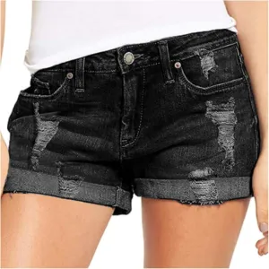 High Waisted Denim Shorts for Women Ripped Distressed Stretchy Casual Jeans Shorts Vintage Raw Hem Summer Hot Shorts Pockets