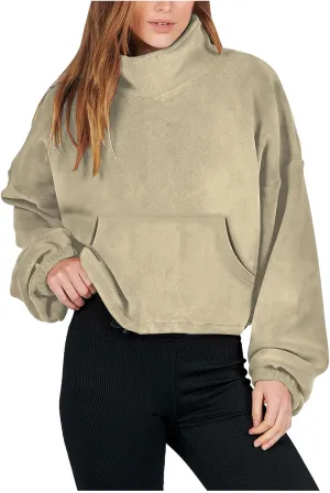 hlysgo Oversized Sweatshirt Womens Fleece Cropped Sweatshirts High Neck Warm Pocket Pullover Adjustable Hem Fall Clothes