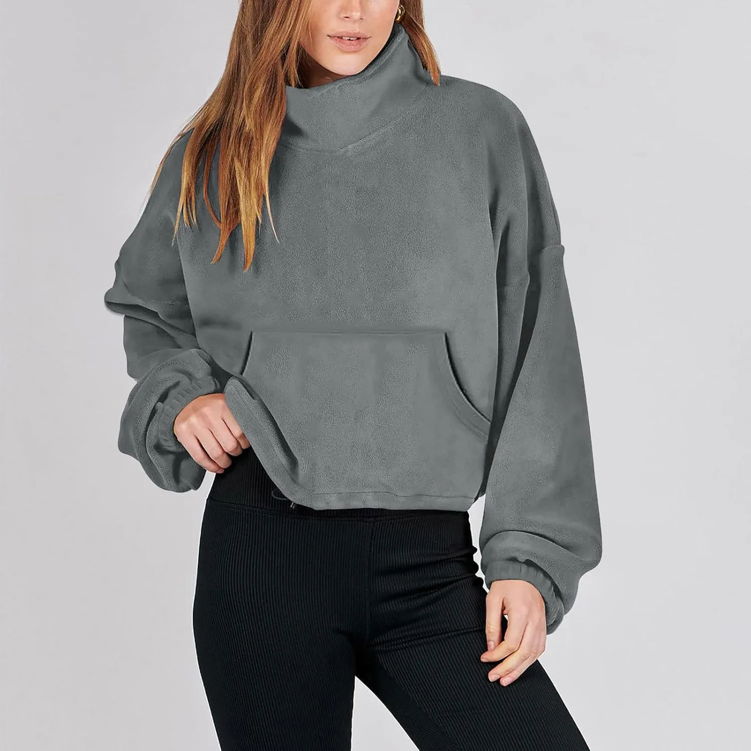 hlysgo Oversized Sweatshirt Womens Fleece Cropped Sweatshirts High Neck Warm Pocket Pullover Adjustable Hem Fall Clothes