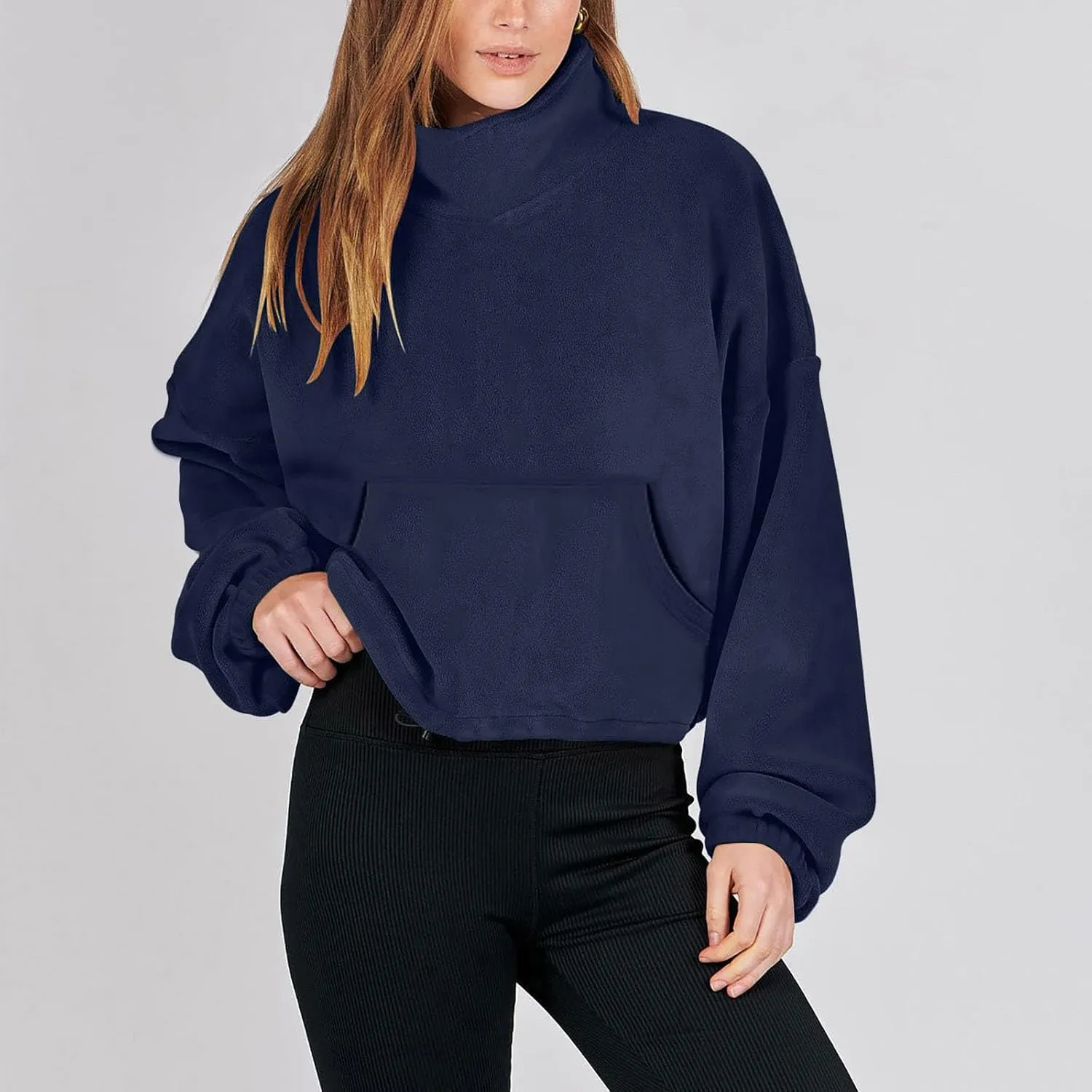 hlysgo Oversized Sweatshirt Womens Fleece Cropped Sweatshirts High Neck Warm Pocket Pullover Adjustable Hem Fall Clothes