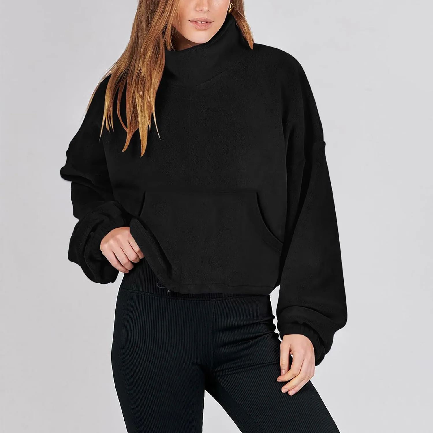 hlysgo Oversized Sweatshirt Womens Fleece Cropped Sweatshirts High Neck Warm Pocket Pullover Adjustable Hem Fall Clothes