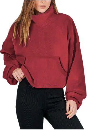 hlysgo Oversized Sweatshirt Womens Fleece Cropped Sweatshirts High Neck Warm Pocket Pullover Adjustable Hem Fall Clothes