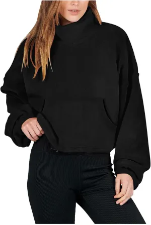 hlysgo Oversized Sweatshirt Womens Fleece Cropped Sweatshirts High Neck Warm Pocket Pullover Adjustable Hem Fall Clothes