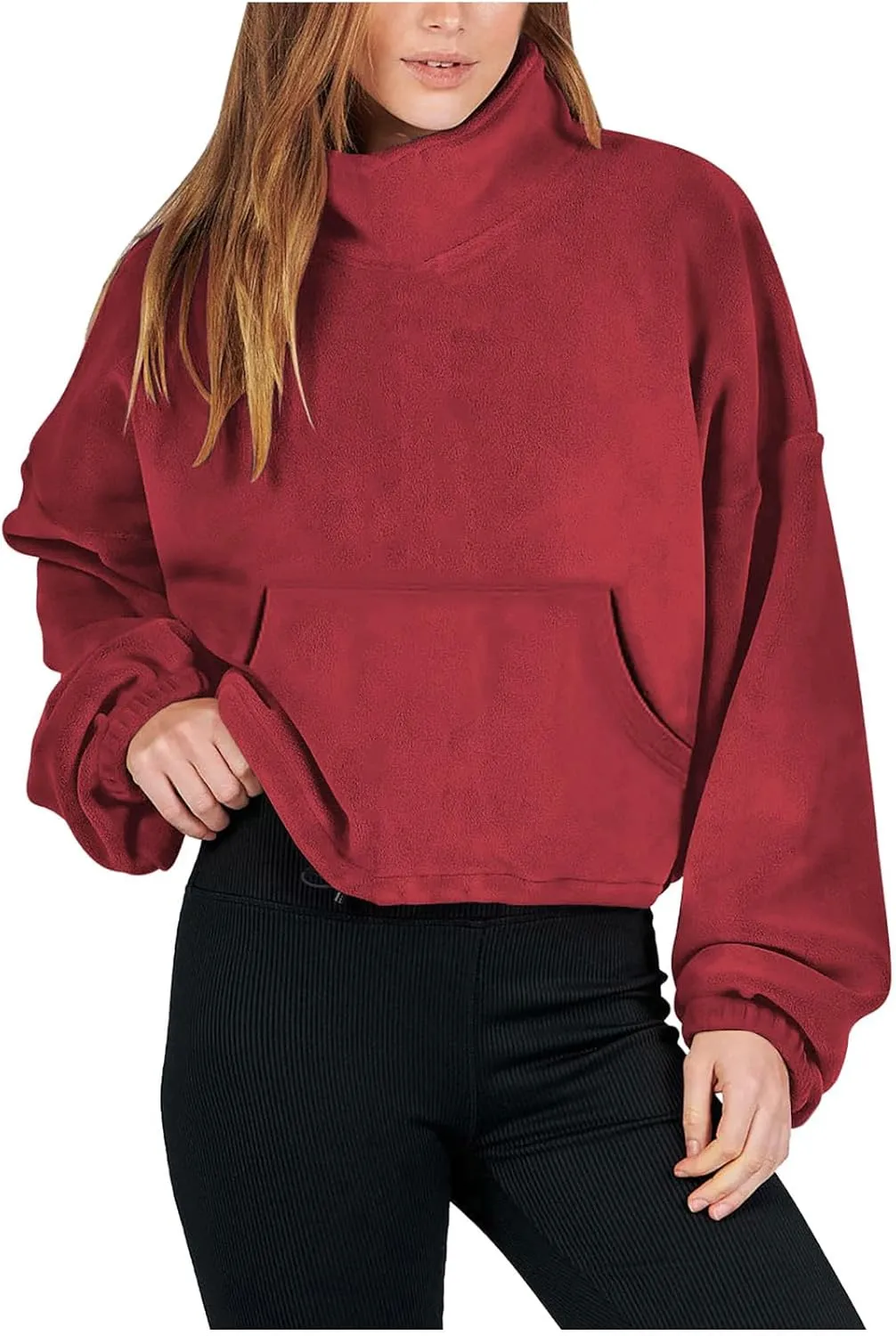 hlysgo Oversized Sweatshirt Womens Fleece Cropped Sweatshirts High Neck Warm Pocket Pullover Adjustable Hem Fall Clothes