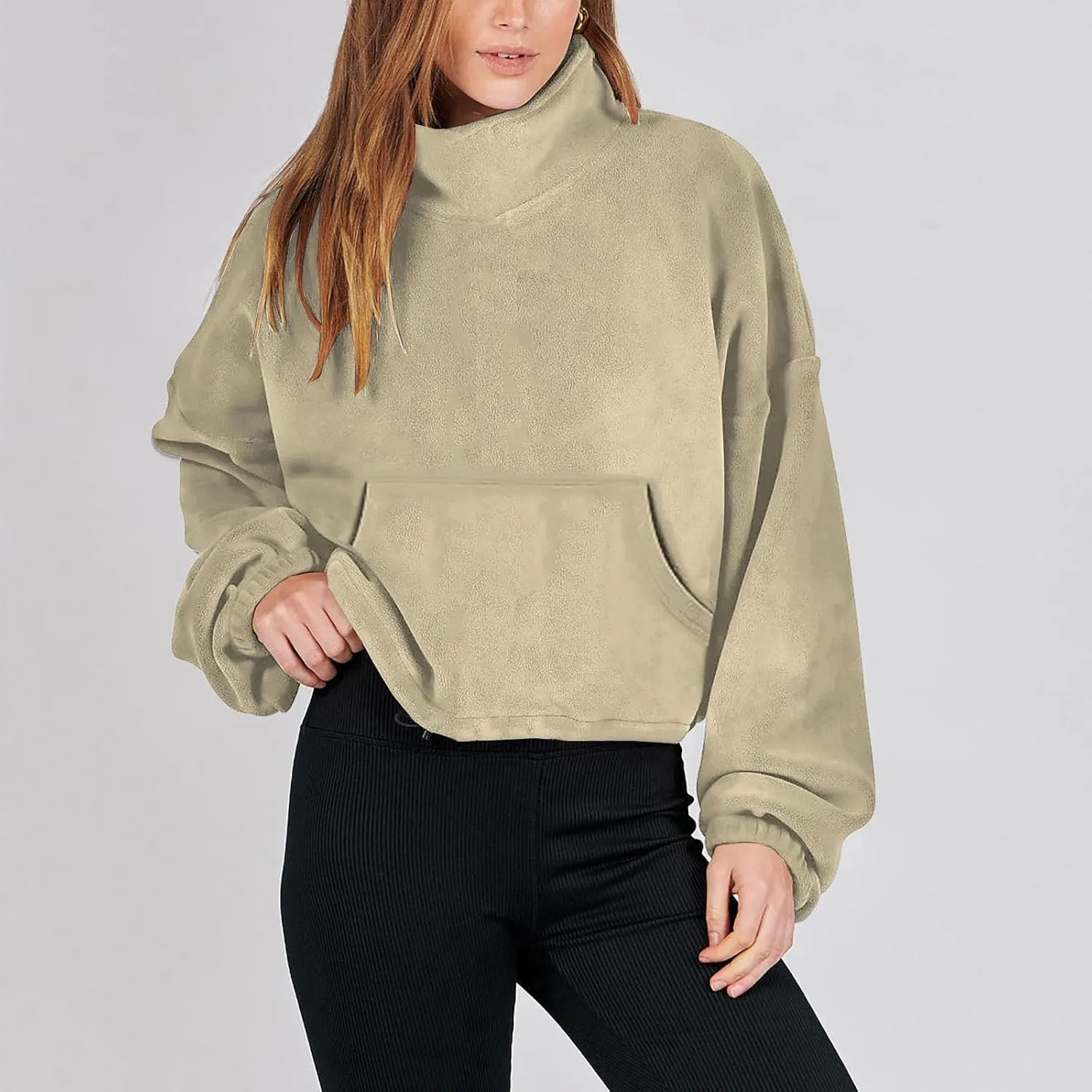 hlysgo Oversized Sweatshirt Womens Fleece Cropped Sweatshirts High Neck Warm Pocket Pullover Adjustable Hem Fall Clothes