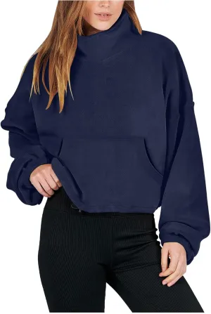 hlysgo Oversized Sweatshirt Womens Fleece Cropped Sweatshirts High Neck Warm Pocket Pullover Adjustable Hem Fall Clothes