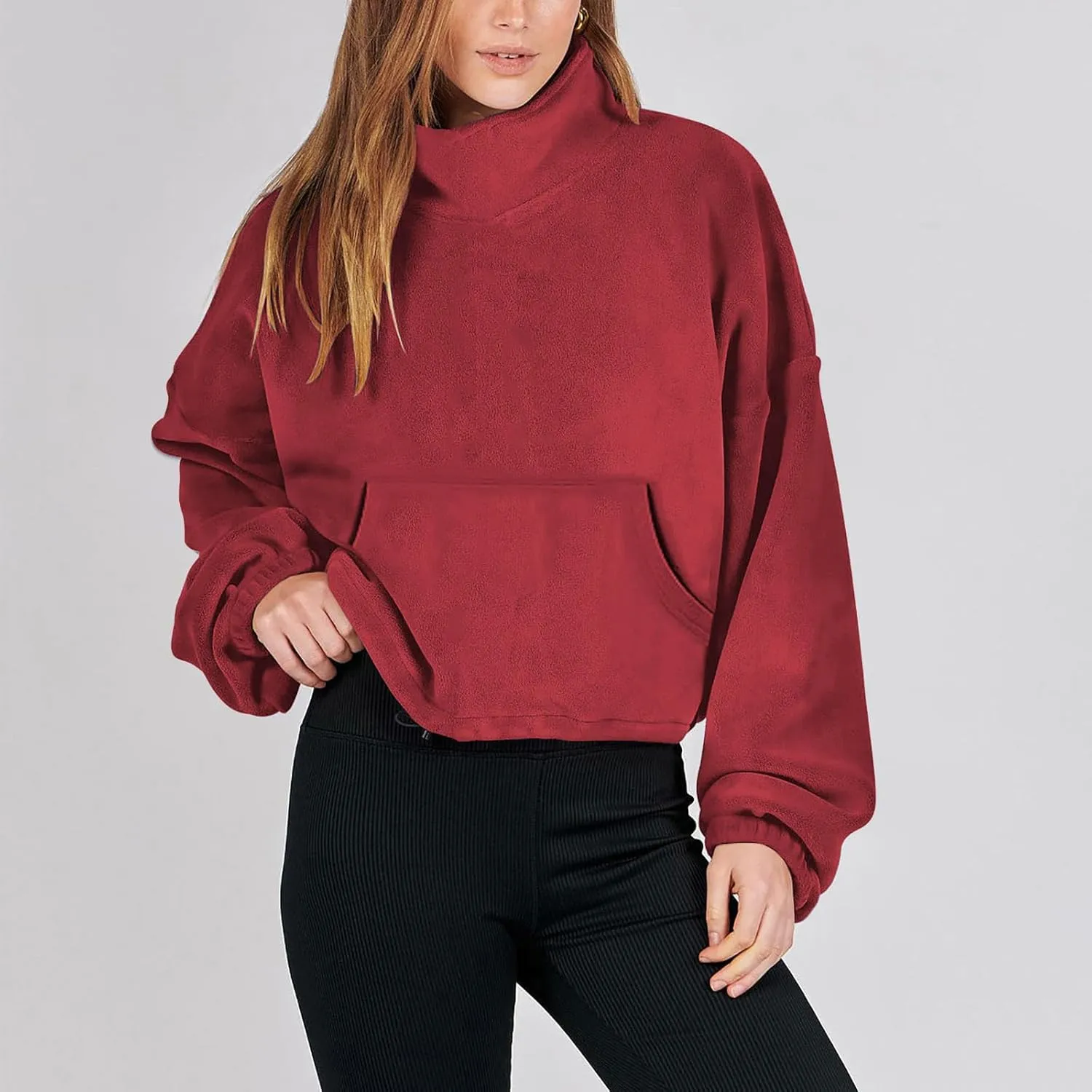 hlysgo Oversized Sweatshirt Womens Fleece Cropped Sweatshirts High Neck Warm Pocket Pullover Adjustable Hem Fall Clothes