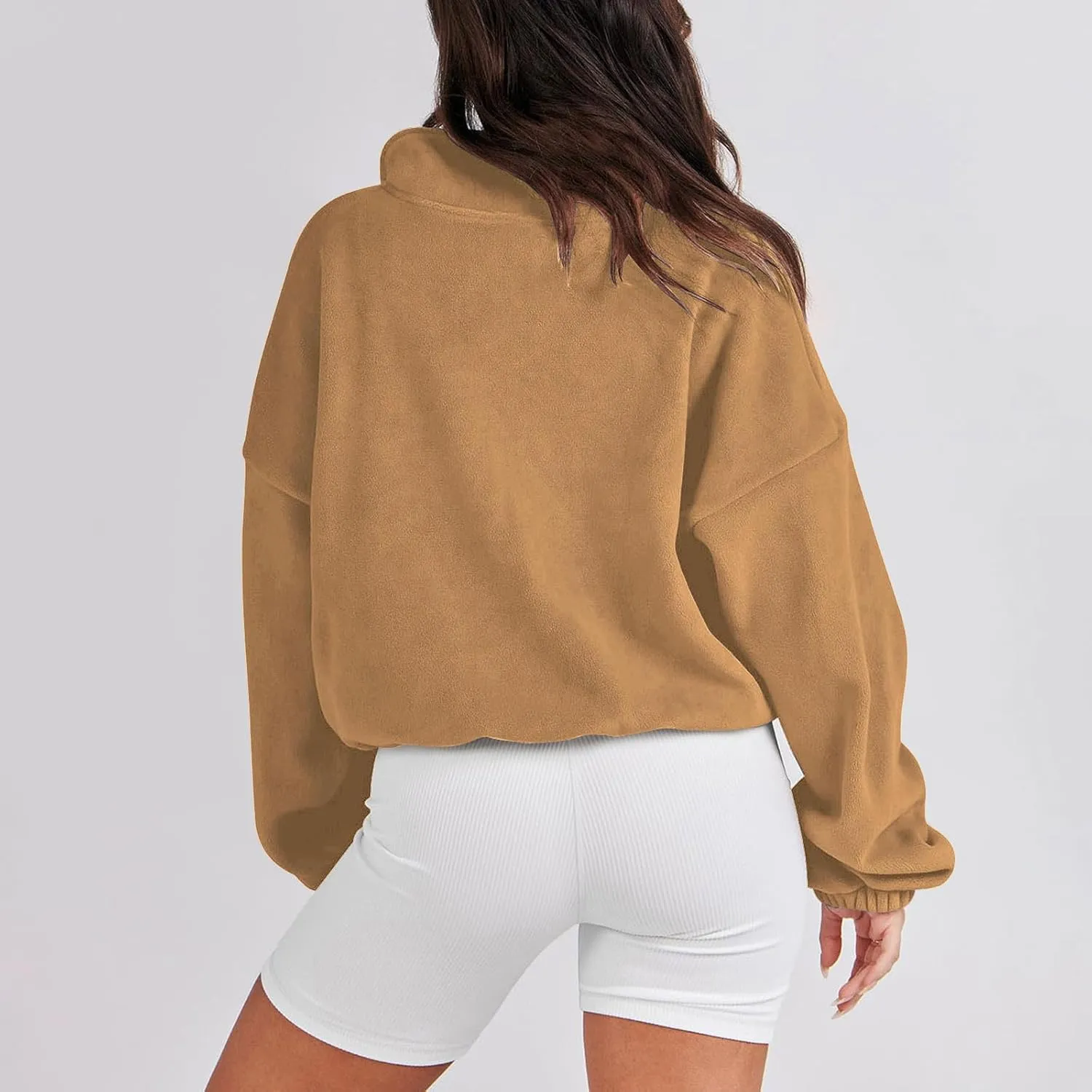 hlysgo Oversized Sweatshirt Womens Fleece Cropped Sweatshirts High Neck Warm Pocket Pullover Adjustable Hem Fall Clothes