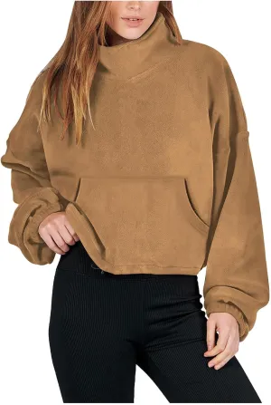 hlysgo Oversized Sweatshirt Womens Fleece Cropped Sweatshirts High Neck Warm Pocket Pullover Adjustable Hem Fall Clothes