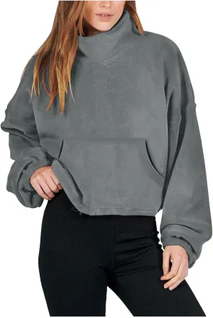 hlysgo Oversized Sweatshirt Womens Fleece Cropped Sweatshirts High Neck Warm Pocket Pullover Adjustable Hem Fall Clothes