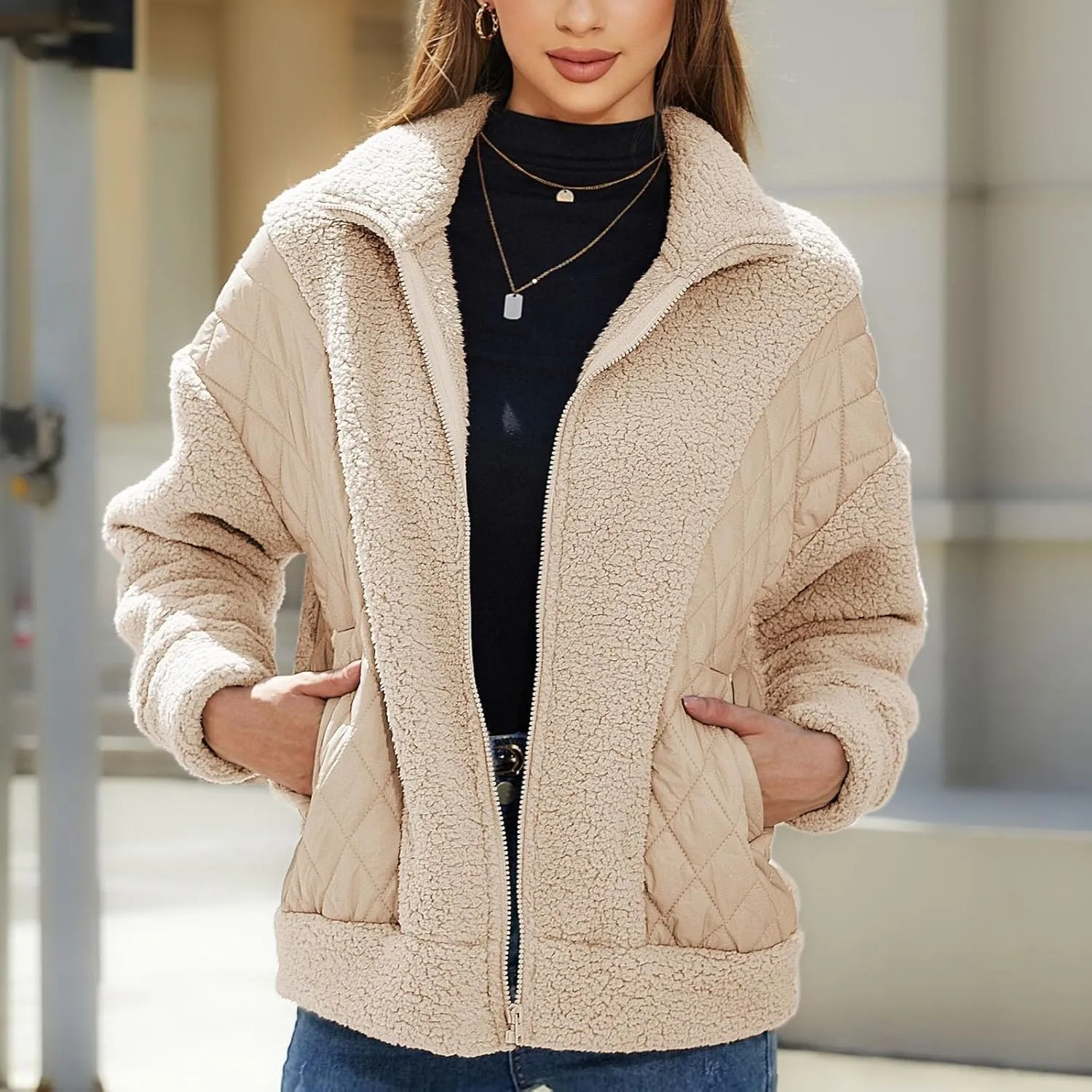 Jackets for Women Full Zip Fuzzy Fleece Sherpa Lined Cardignas Jacket Plus Size Open Front Winter Coats with Pockets