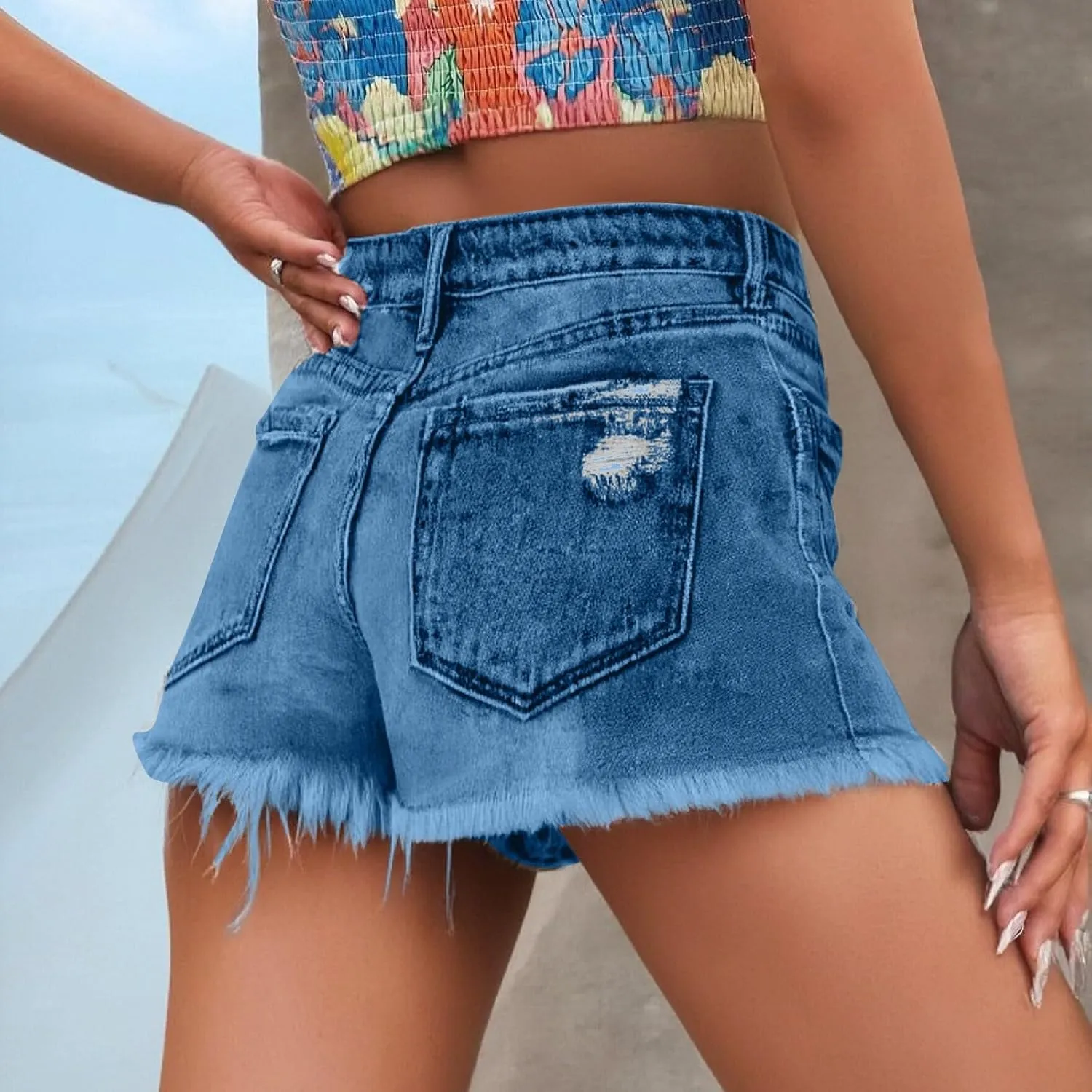 Jean Shorts Womens High Waisted Button Down Ripped Jean Shorts Casual Summer Slim Fit Frayed Raw Hem Hot Denim Short