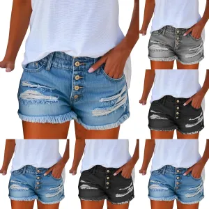 Jean Shorts Womens High Waisted Button Down Ripped Jean Shorts Casual Summer Slim Fit Frayed Raw Hem Hot Denim Short