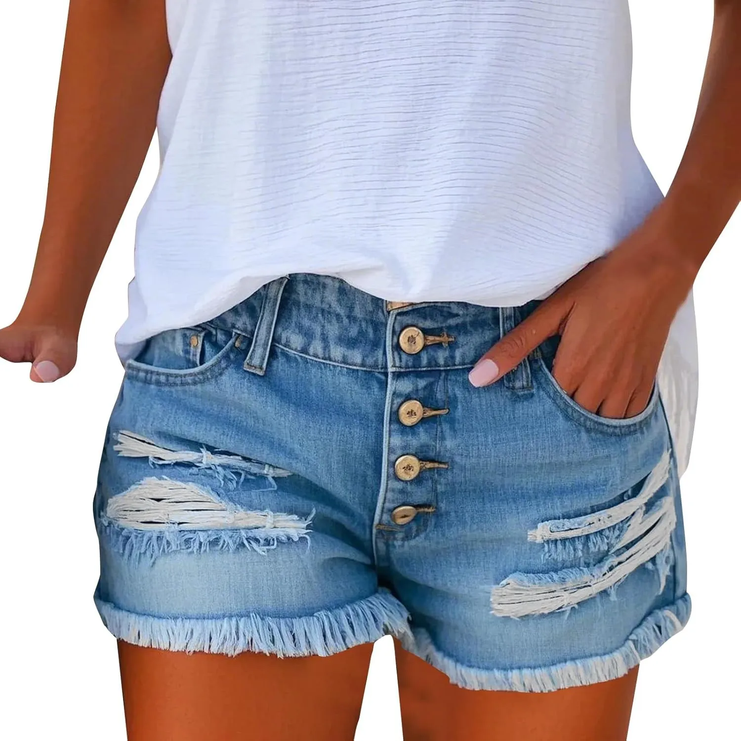 Jean Shorts Womens High Waisted Button Down Ripped Jean Shorts Casual Summer Slim Fit Frayed Raw Hem Hot Denim Short