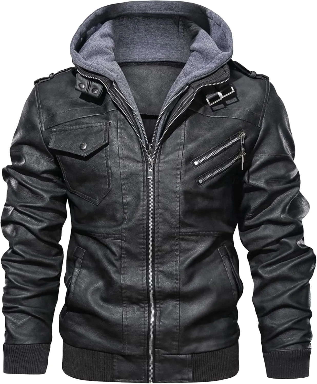 JEsilunmaMY Men's Slim Removable Hood Leather Jacket Casual Stand Collar Zip Up Motorcycle Jacket Fall Winter Bomber Coat