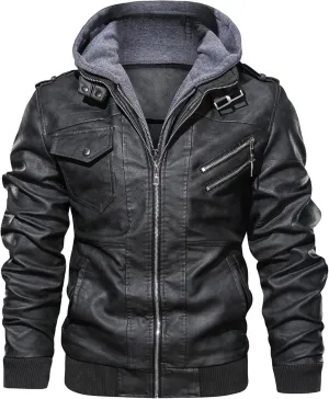 JEsilunmaMY Men's Slim Removable Hood Leather Jacket Casual Stand Collar Zip Up Motorcycle Jacket Fall Winter Bomber Coat