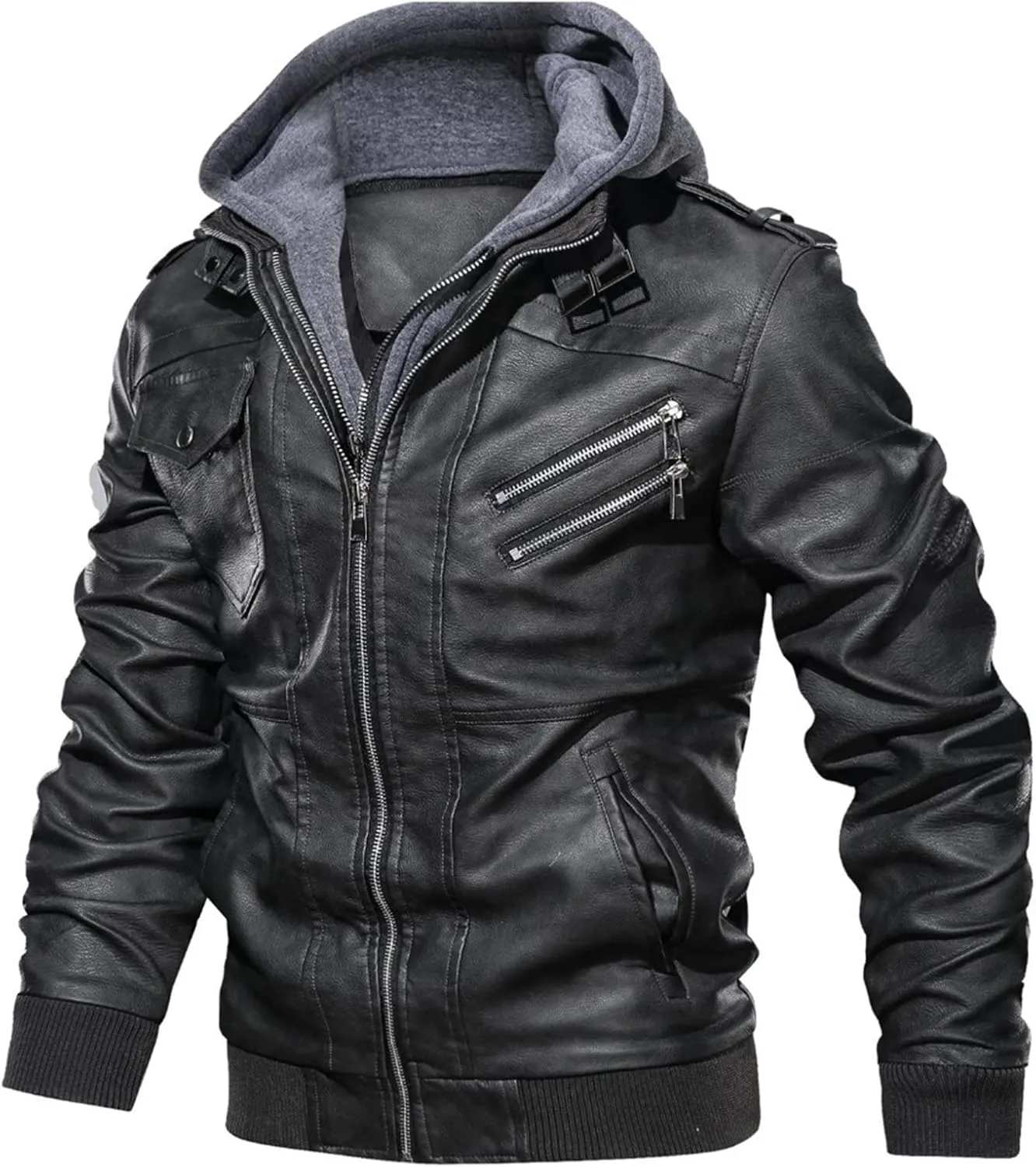 JEsilunmaMY Men's Slim Removable Hood Leather Jacket Casual Stand Collar Zip Up Motorcycle Jacket Fall Winter Bomber Coat