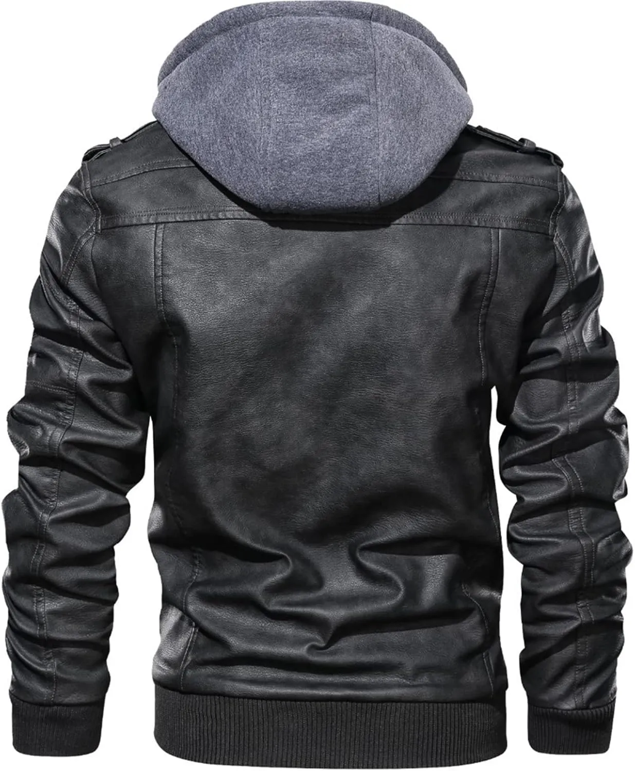JEsilunmaMY Men's Slim Removable Hood Leather Jacket Casual Stand Collar Zip Up Motorcycle Jacket Fall Winter Bomber Coat