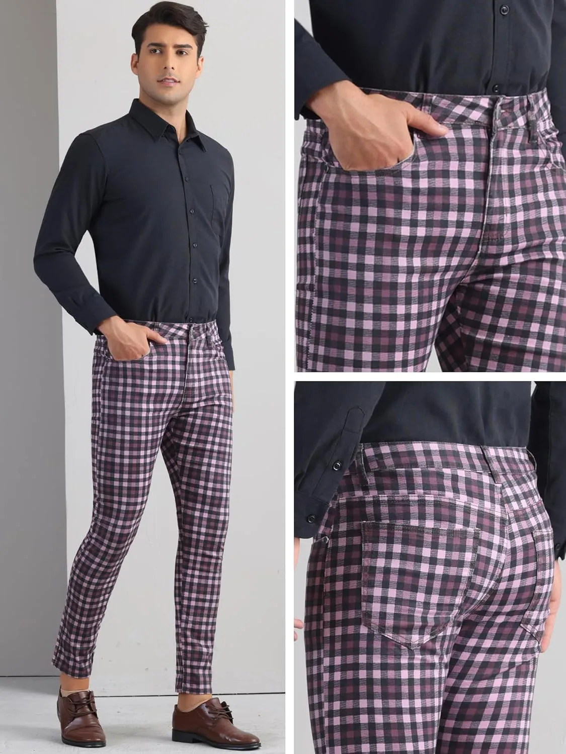 Lars Amadeus Plaid Dress Pants for Men's Flat Front Stretch Slim Fit Color Block Checked Gingham Pants
