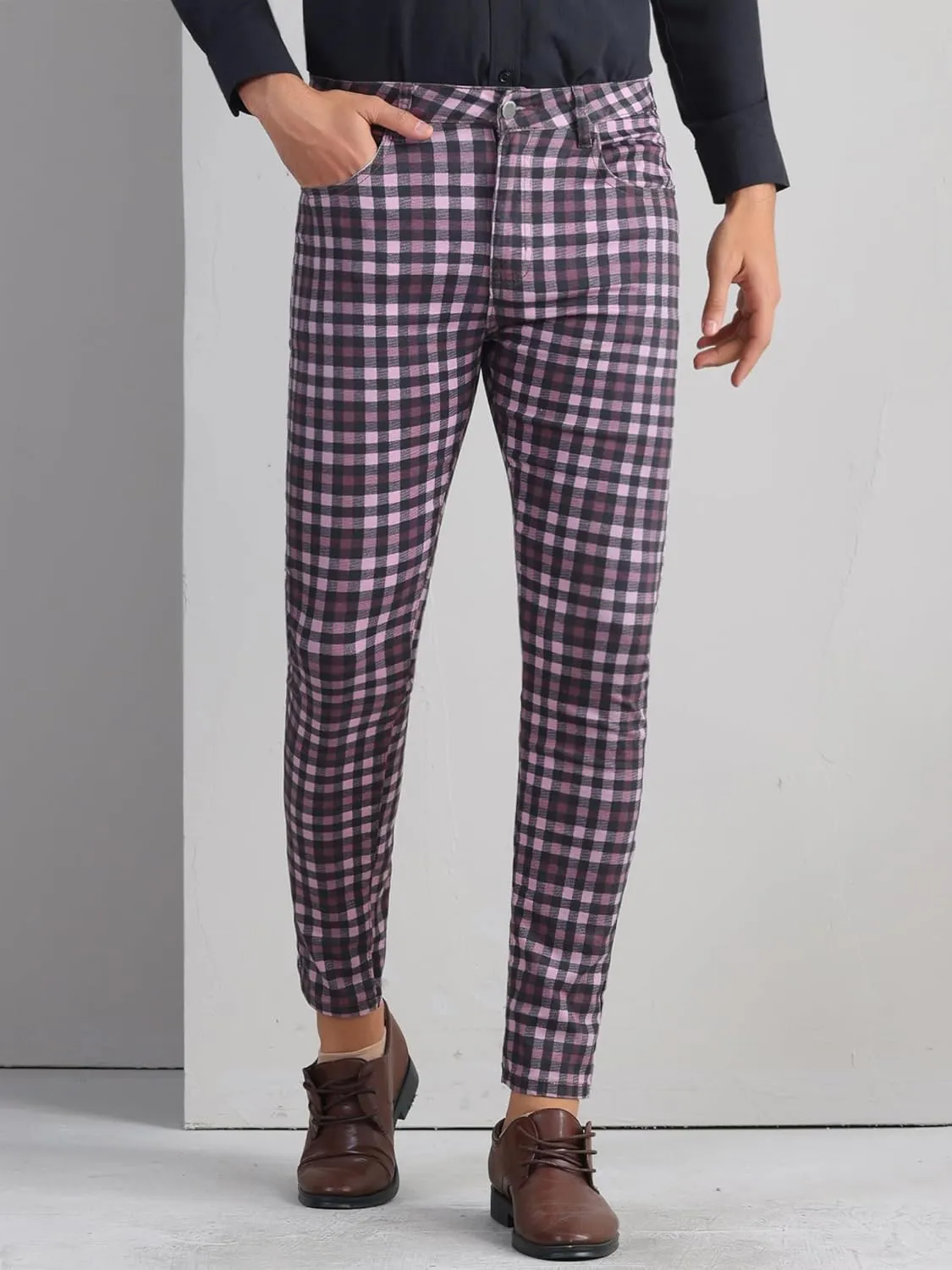 Lars Amadeus Plaid Dress Pants for Men's Flat Front Stretch Slim Fit Color Block Checked Gingham Pants