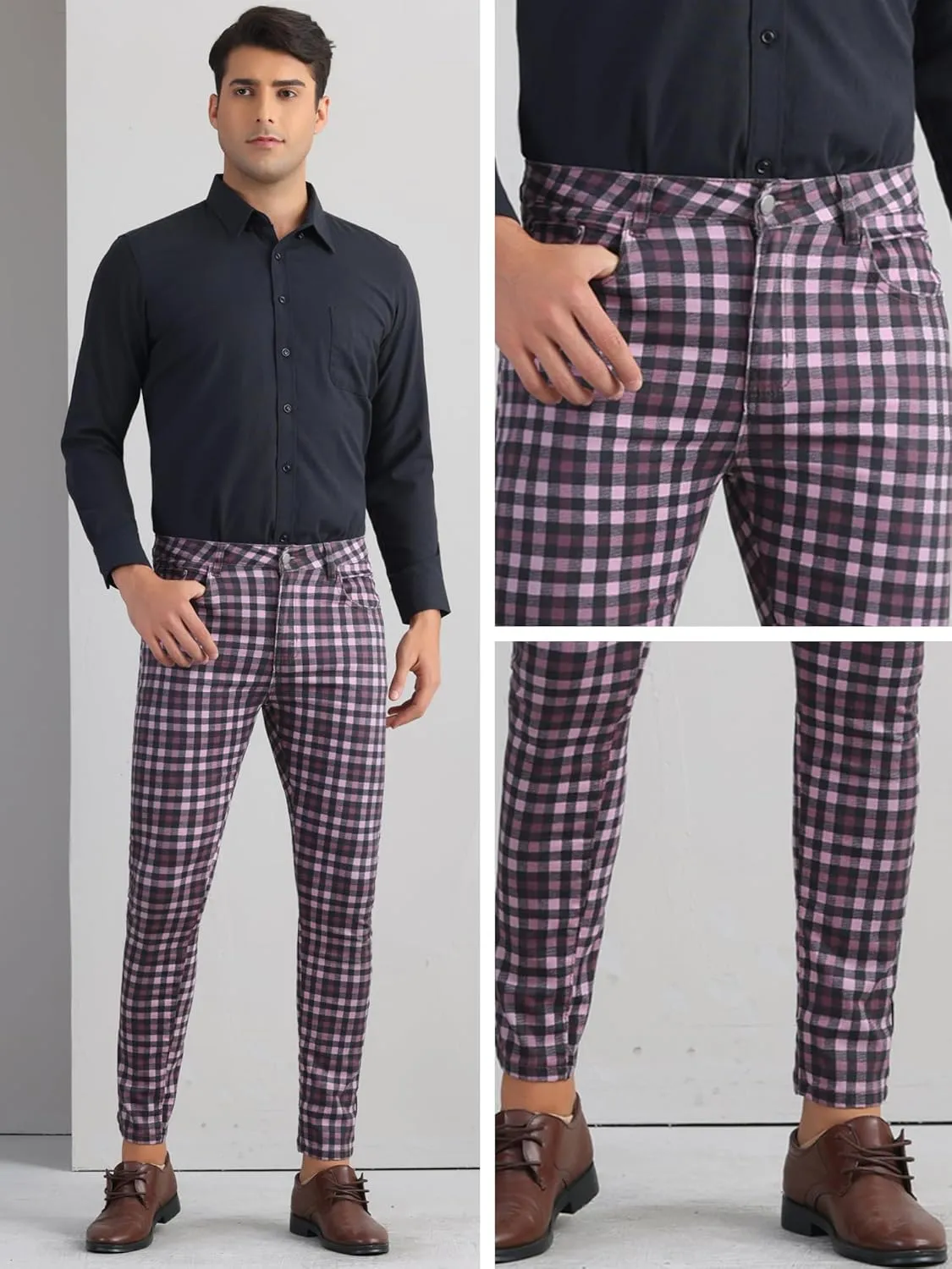 Lars Amadeus Plaid Dress Pants for Men's Flat Front Stretch Slim Fit Color Block Checked Gingham Pants