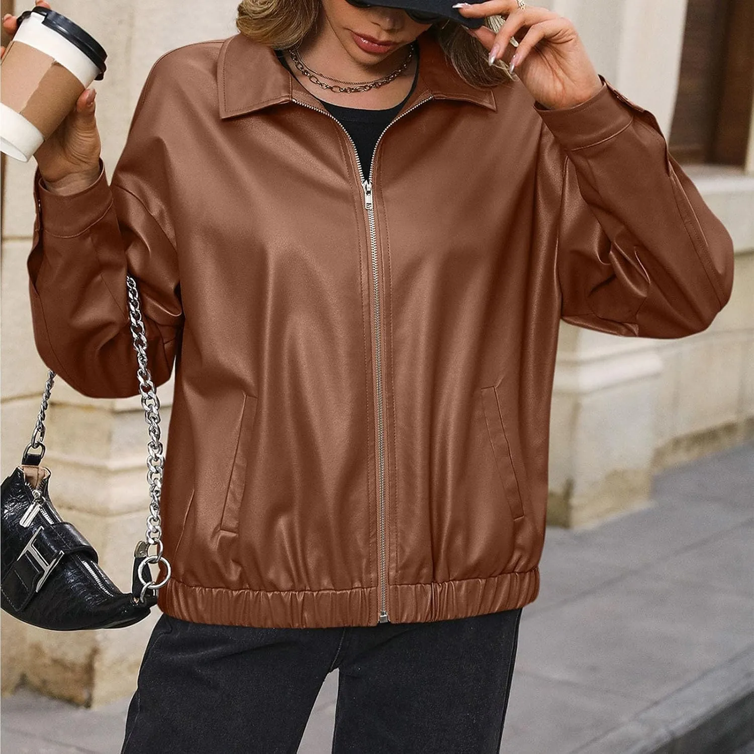 Leather Jacket Women Zip Up Oversized Faux Leather Bomber Jacket Fall 2024 Casual Moto Lapel Winter Jackets Coats