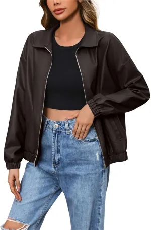 Leather Jacket Women Zip Up Oversized Faux Leather Bomber Jacket Fall 2024 Casual Moto Lapel Winter Jackets Coats