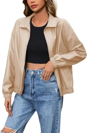 Leather Jacket Women Zip Up Oversized Faux Leather Bomber Jacket Fall 2024 Casual Moto Lapel Winter Jackets Coats