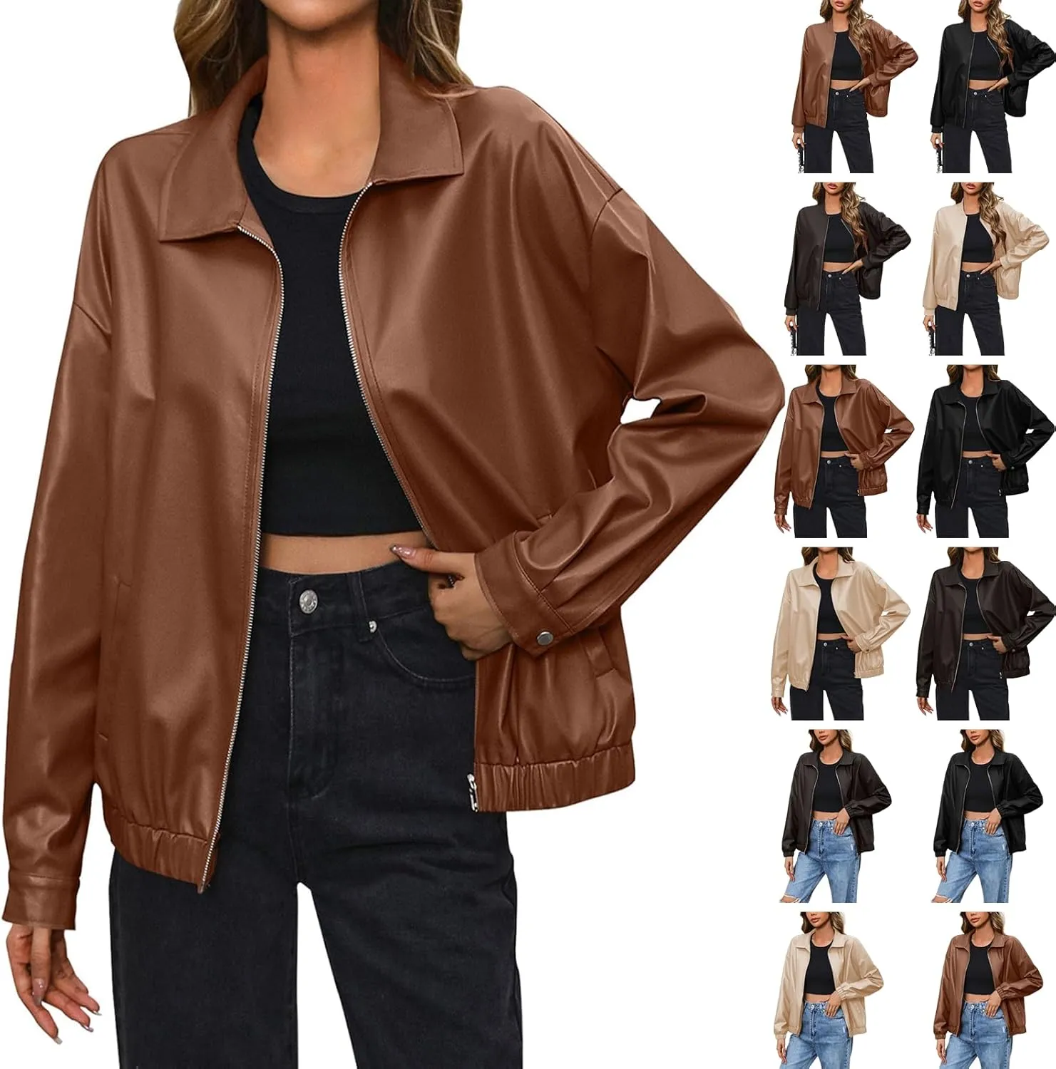 Leather Jacket Women Zip Up Oversized Faux Leather Bomber Jacket Fall 2024 Casual Moto Lapel Winter Jackets Coats