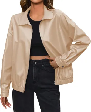 Leather Jacket Women Zip Up Oversized Faux Leather Bomber Jacket Fall 2024 Casual Moto Lapel Winter Jackets Coats
