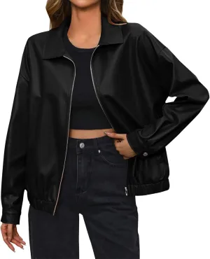 Leather Jacket Women Zip Up Oversized Faux Leather Bomber Jacket Fall 2024 Casual Moto Lapel Winter Jackets Coats