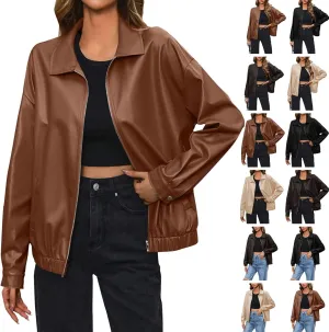 Leather Jacket Women Zip Up Oversized Faux Leather Bomber Jacket Fall 2024 Casual Moto Lapel Winter Jackets Coats