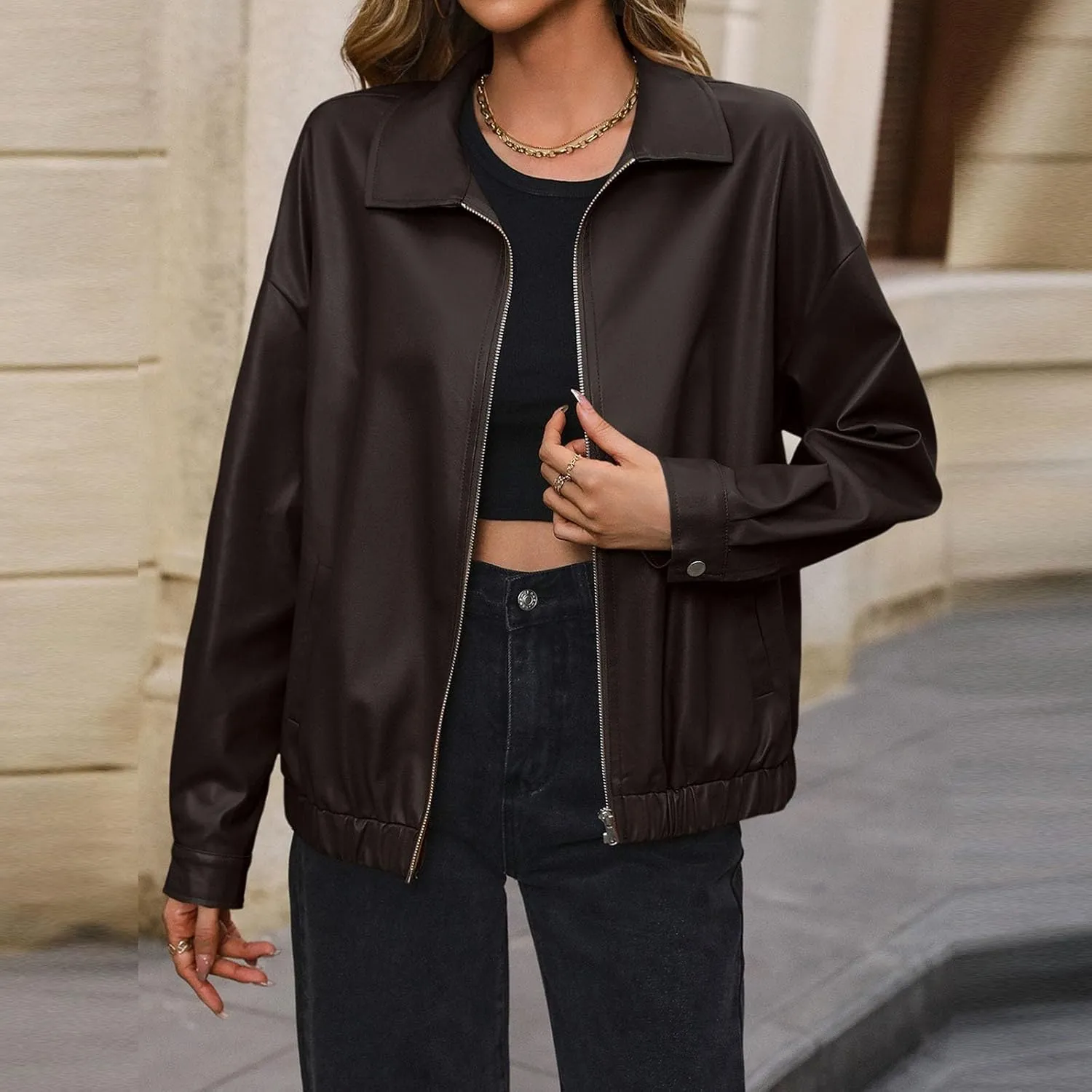 Leather Jacket Women Zip Up Oversized Faux Leather Bomber Jacket Fall 2024 Casual Moto Lapel Winter Jackets Coats