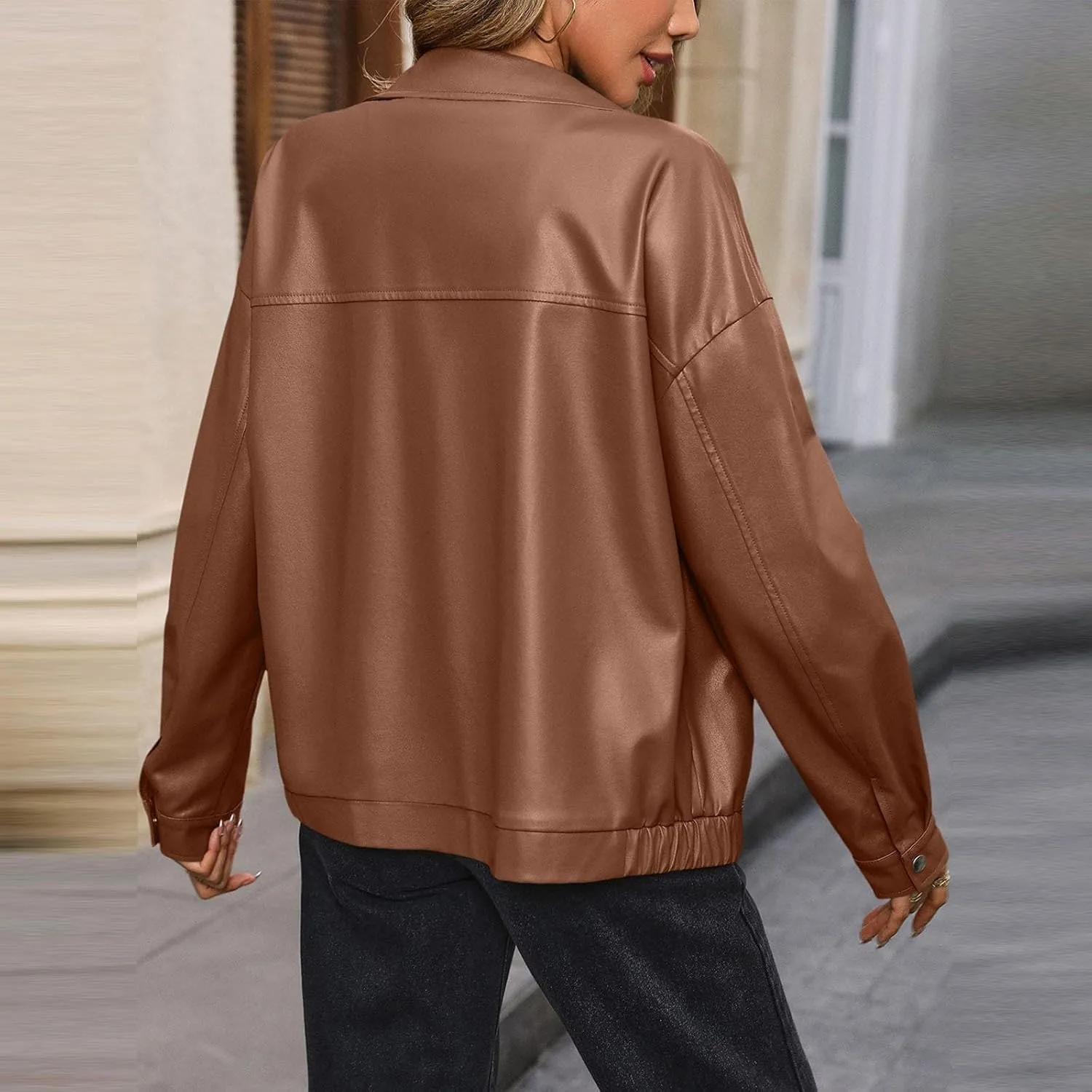 Leather Jacket Women Zip Up Oversized Faux Leather Bomber Jacket Fall 2024 Casual Moto Lapel Winter Jackets Coats